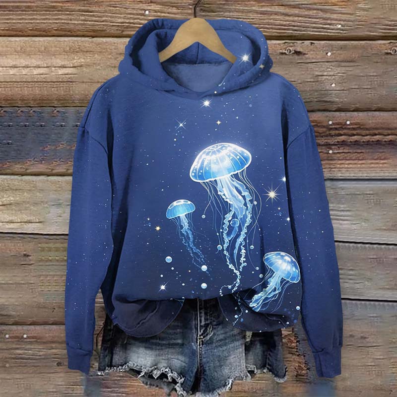 Glowing Dancing Bubble Jellyfish Print Long Sleeve Hoodie - Blue - US44-46(8XL) - image 1