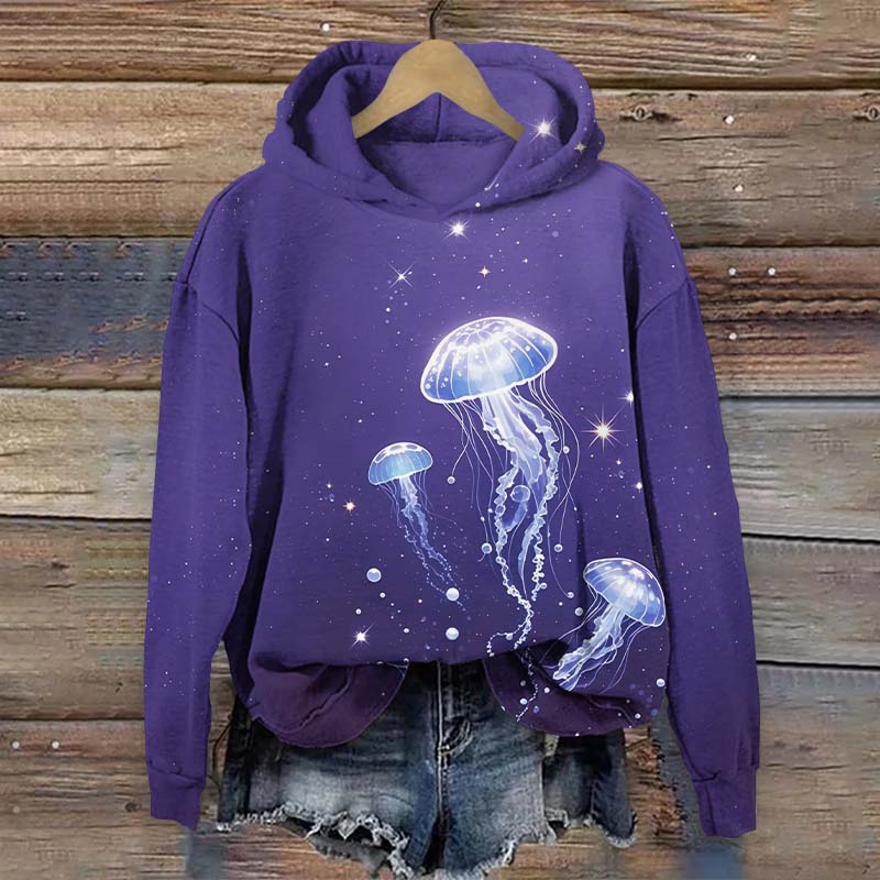 Glowing Dancing Bubble Jellyfish Print Long Sleeve Hoodie - Purple - US44-46(8XL) - image 2