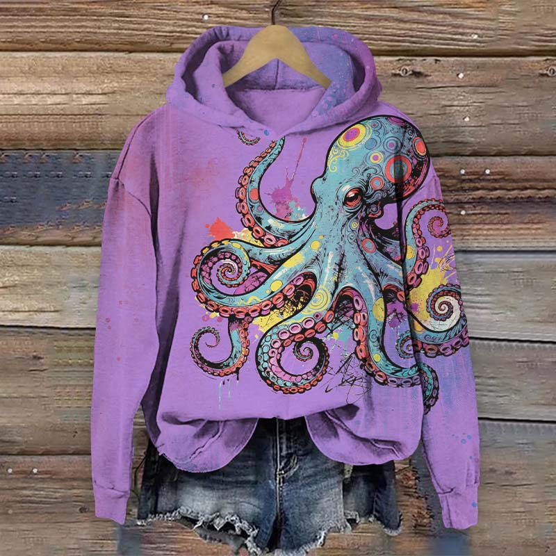 Colorful Geometric Octopus Art Print Long Sleeve Hoodie - Purple - US44-46(8XL) - image 1