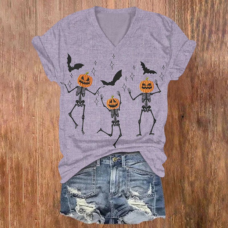 Halloween Dancing Pumpkin Head Skull Print V-neck T-shirt - Purple - US32-34(5XL) - image 1