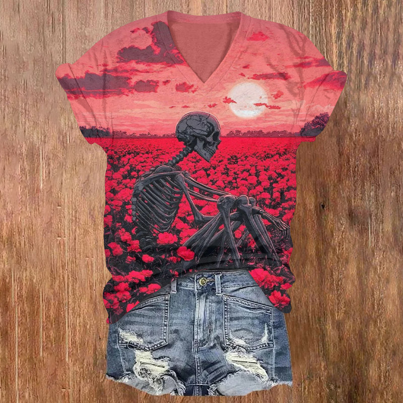 Halloween Skeleton Sitting In Flowers Print V-neck T-shirt - Red - US32-34(5XL) - image 1
