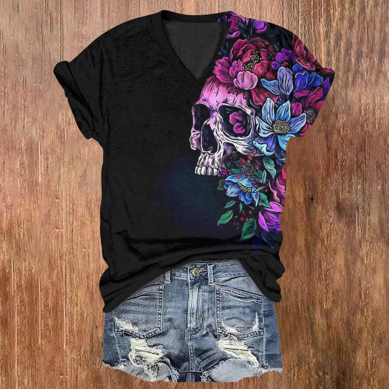 Halloween Skull Amidst Contrasting Flowers Print V-neck T-shirt - Black - US32-34(5XL) - image 1