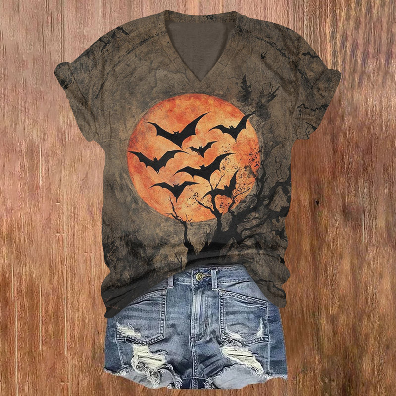 Halloween Bats Flying Under The Moon Print V-neck T-shirt - Coffee - US32-34(5XL) - image 1