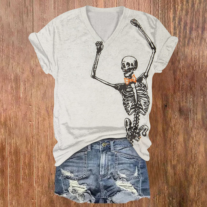 Halloween Skull With Bow Tie Print V-neck T-shirt - White - US32-34(5XL) - image 1