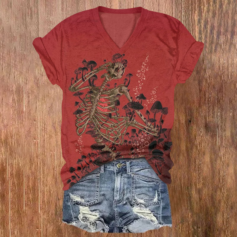 Halloween Mushroom-covered Skull Print V-neck T-shirt - Red - US32-34(5XL) - image 1