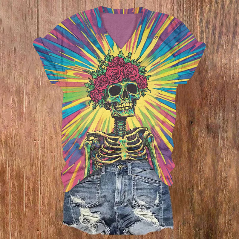 Halloween Skull With Wreath On Head Print V-neck T-shirt - Multicolor - US32-34(5XL) - image 1