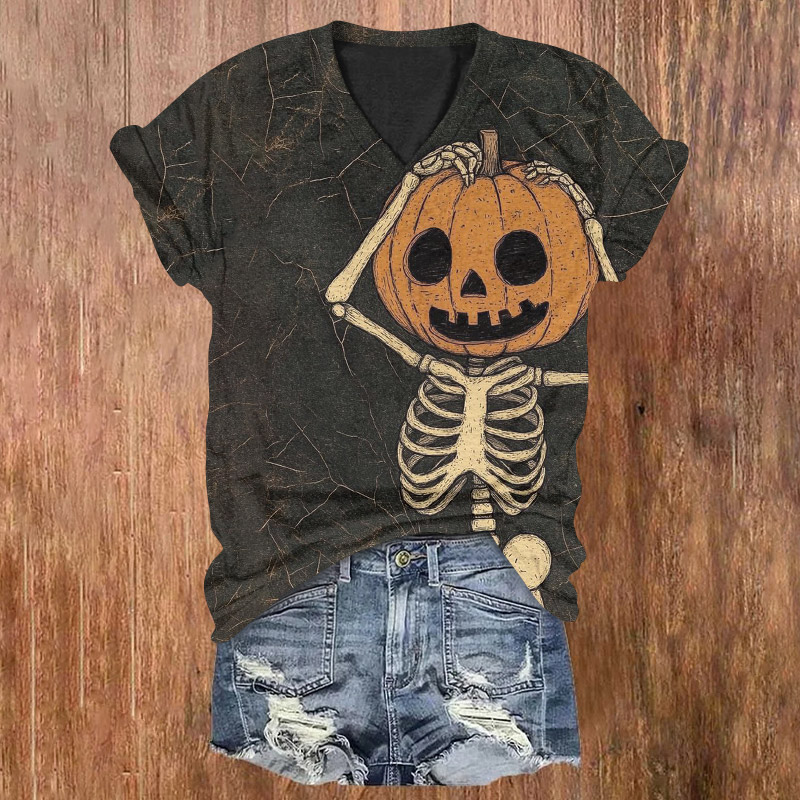 Halloween Cute Pumpkin Head Skull Print V-neck T-shirt - Dark Grey - US32-34(5XL) - image 1