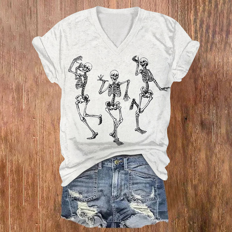 Halloween Three Dancing Skeletons Print V-neck T-shirt - White - US32-34(5XL) - image 1