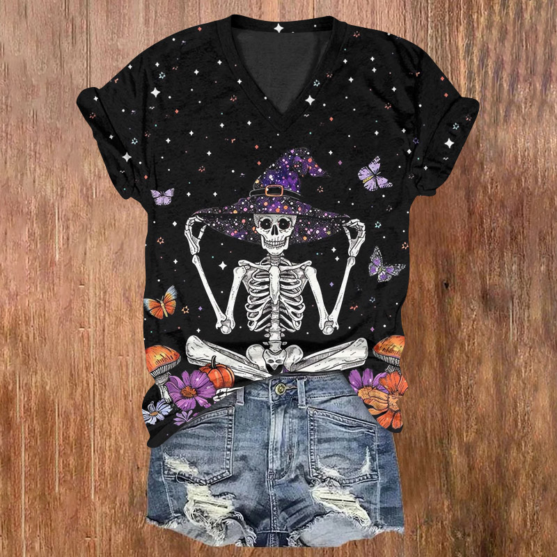 Halloween Skull Wearing A Witch Hat Print V-neck T-shirt - Black - US32-34(5XL) - image 1