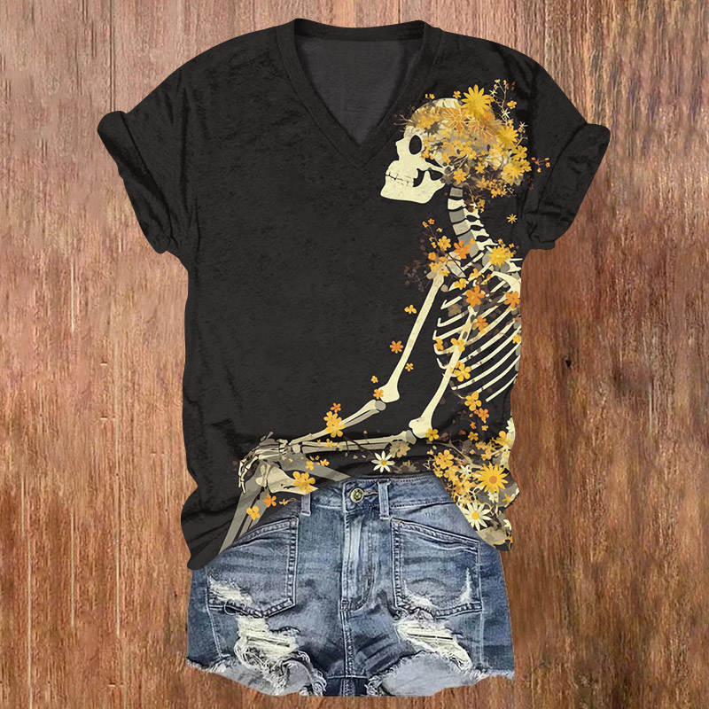 Halloween Skull With Daisies Print V-neck T-shirt - Black - US32-34(5XL) - image 1
