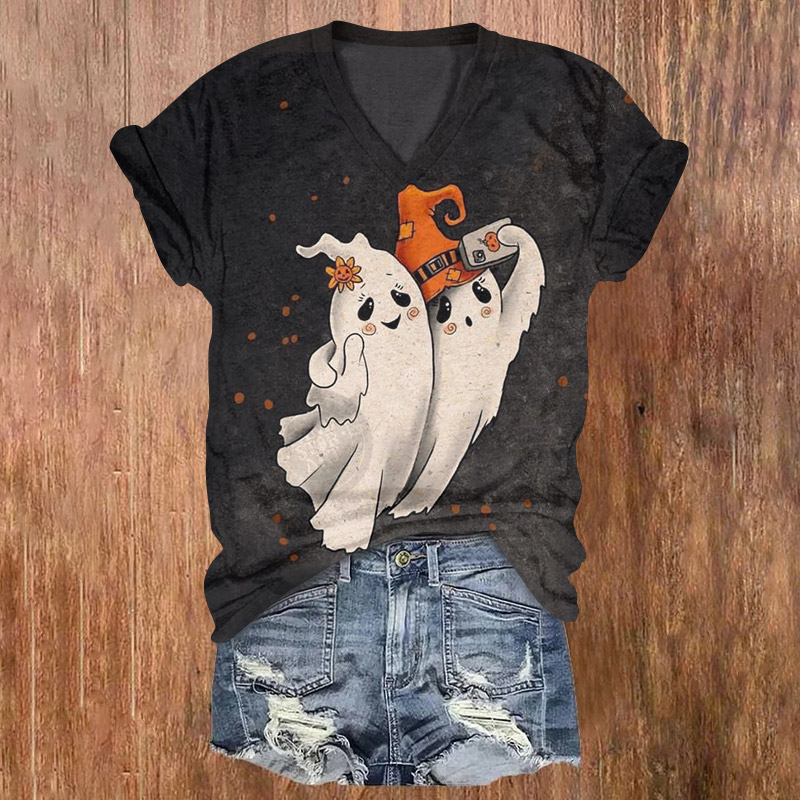 Halloween Selfie Ghost Print V-neck T-shirt - Black - US32-34(5XL) - image 1