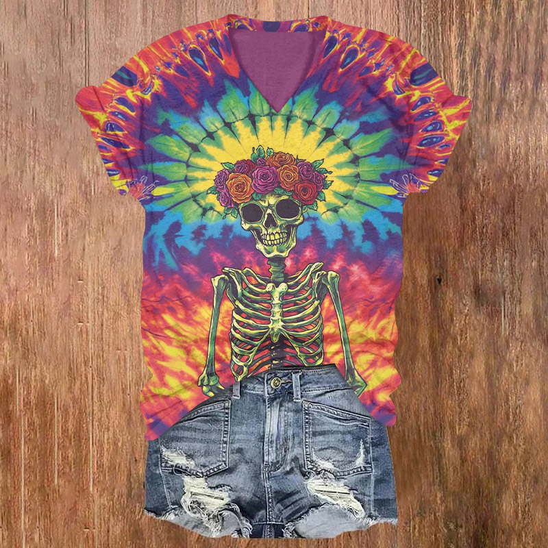 Halloween Funny Skull Wreath Print V-neck T-shirt - Multicolor - US32-34(5XL) - image 1