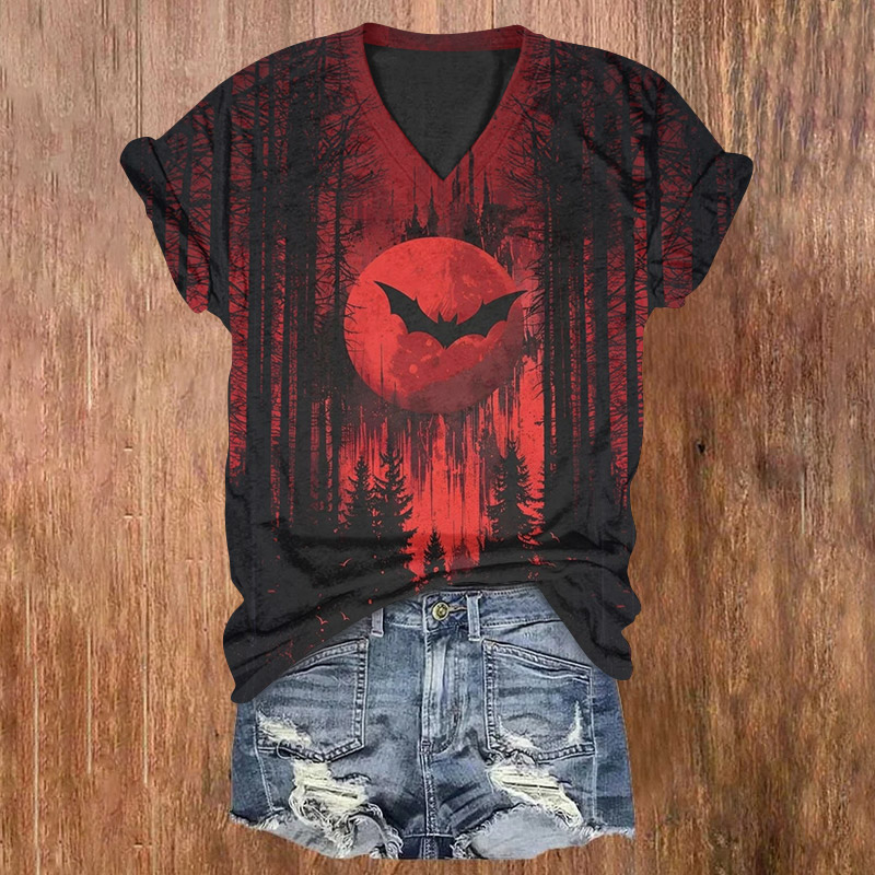 Halloween Bats Flying Over The Red Moon Print V-neck T-shirt - Red - US32-34(5XL) - image 1