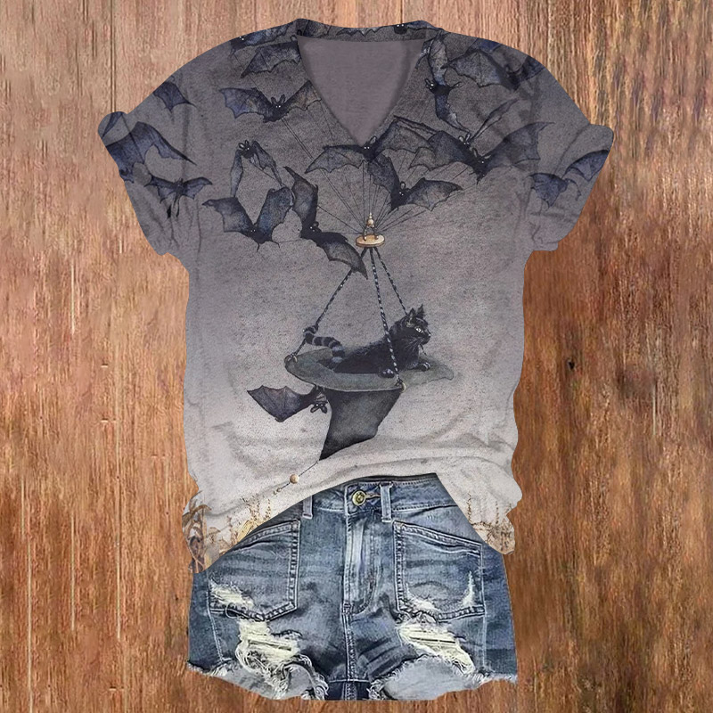 Halloween Cat In Witch Hat Print V-neck T-shirt - Grey - US32-34(5XL) - image 1