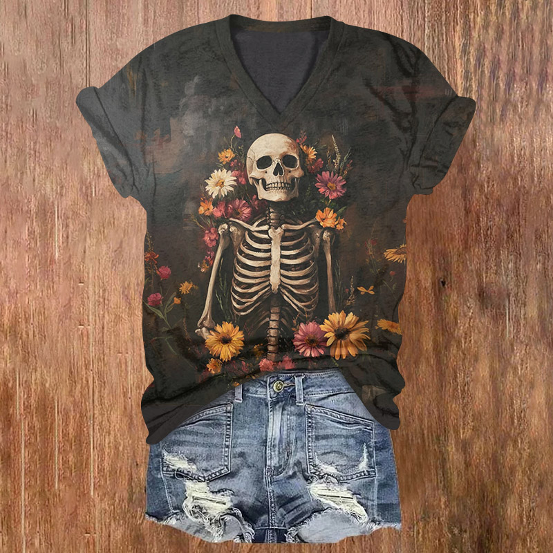 Halloween Skull Among Flowers Print V-neck T-shirt - Dark Grey - US32-34(5XL) - image 1