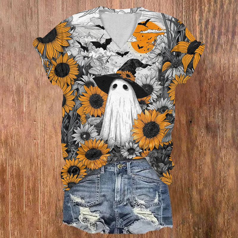 Halloween Ghost Among Sunflowers Print V-neck T-shirt - Grey - US32-34(5XL) - image 1