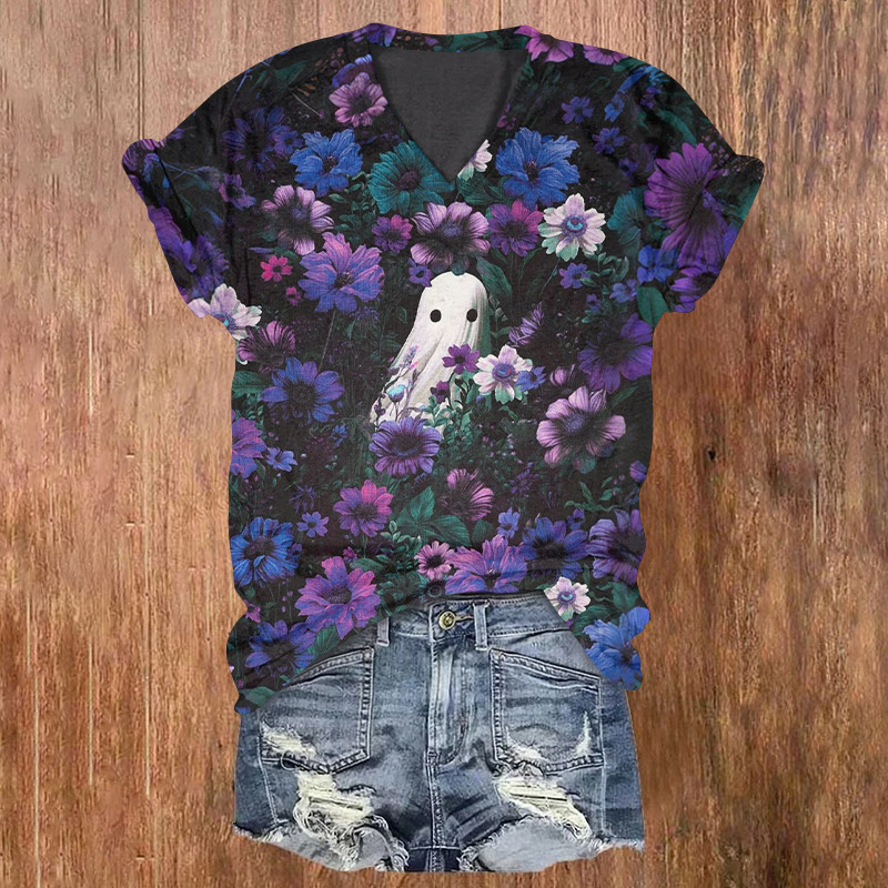 Halloween Ghost In Flowers Print V-neck T-shirt - Purple - US32-34(5XL) - image 1