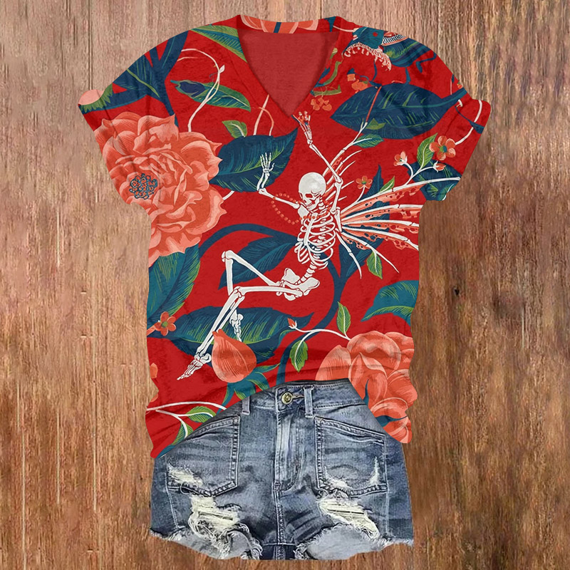 Halloween Skull Among Peonies Print V-neck T-shirt - Red - US32-34(5XL) - image 1