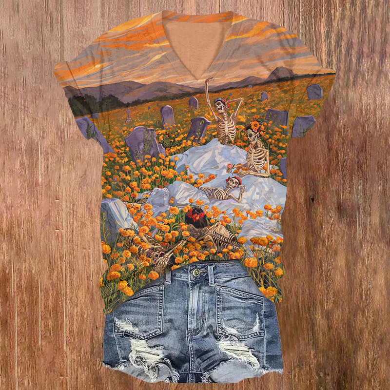 Halloween Skeletons Playing In The Flowers Print V-neck T-shirt - Orange - US32-34(5XL) - image 1