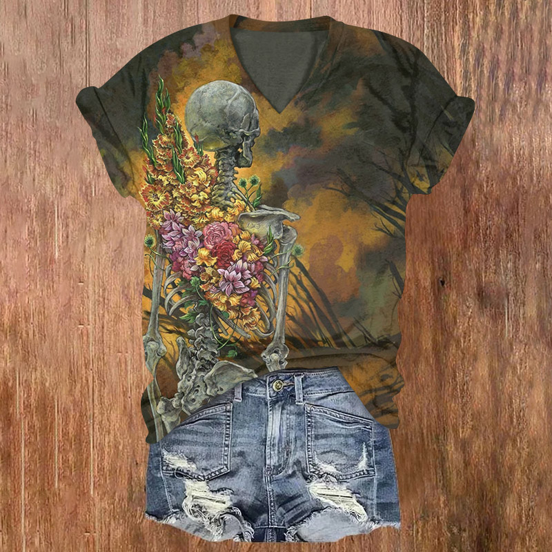 Halloween Floral Skull Looking Into The Distance Print V-neck T-shirt - Yellow - US32-34(5XL) - image 1