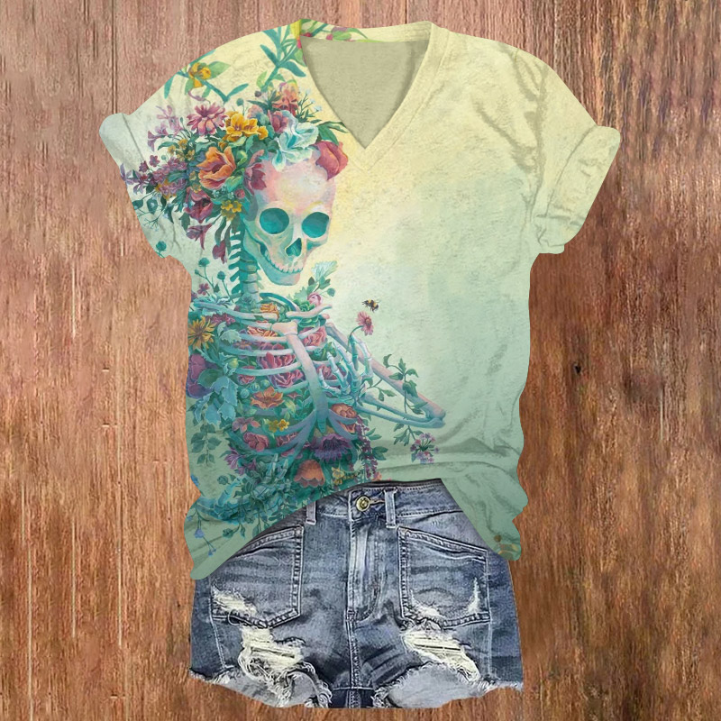 Halloween Ombre Floral Skull Print V-neck T-shirt - Green - US32-34(5XL) - image 1