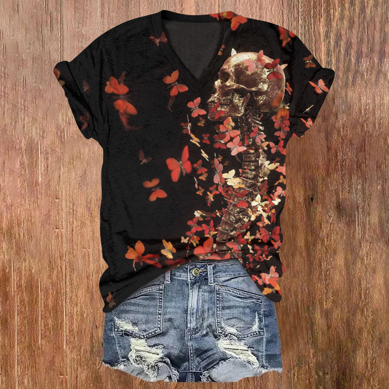 Halloween Butterfly Skull Print V-neck T-shirt - Black - US32-34(5XL) - image 1