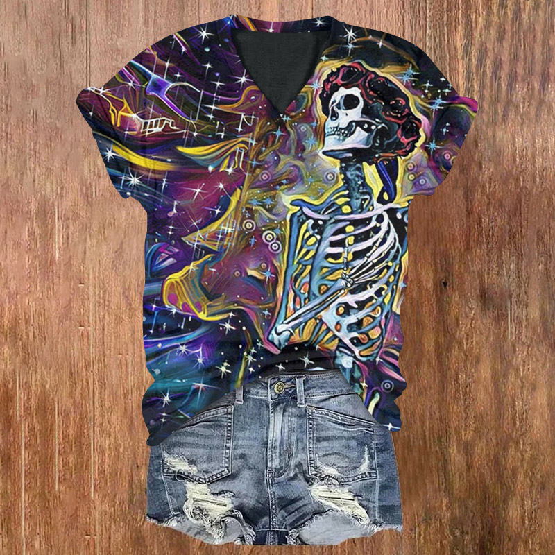 Halloween Abstract Wreath Skull Print V-neck T-shirt - Multicolor - US32-34(5XL) - image 1
