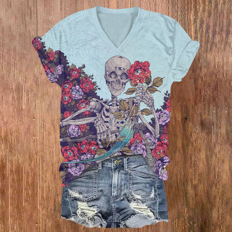 Halloween Skull With Scythe In Flowers Print V-neck T-shirt - Blue - US32-34(5XL) - image 1