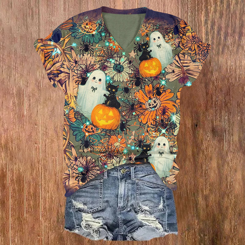 Cute Ghost Among Flowers For Halloween Print V-neck T-shirt - Multicolor - US32-34(5XL) - image 1