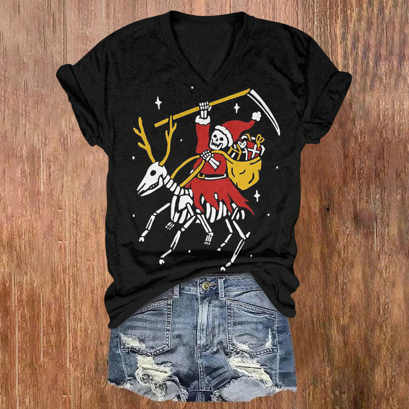 Christmas Skull With Sickle Riding A Skeleton Elk Print V-neck T-shirt - Black - US32-34(5XL) - image 1