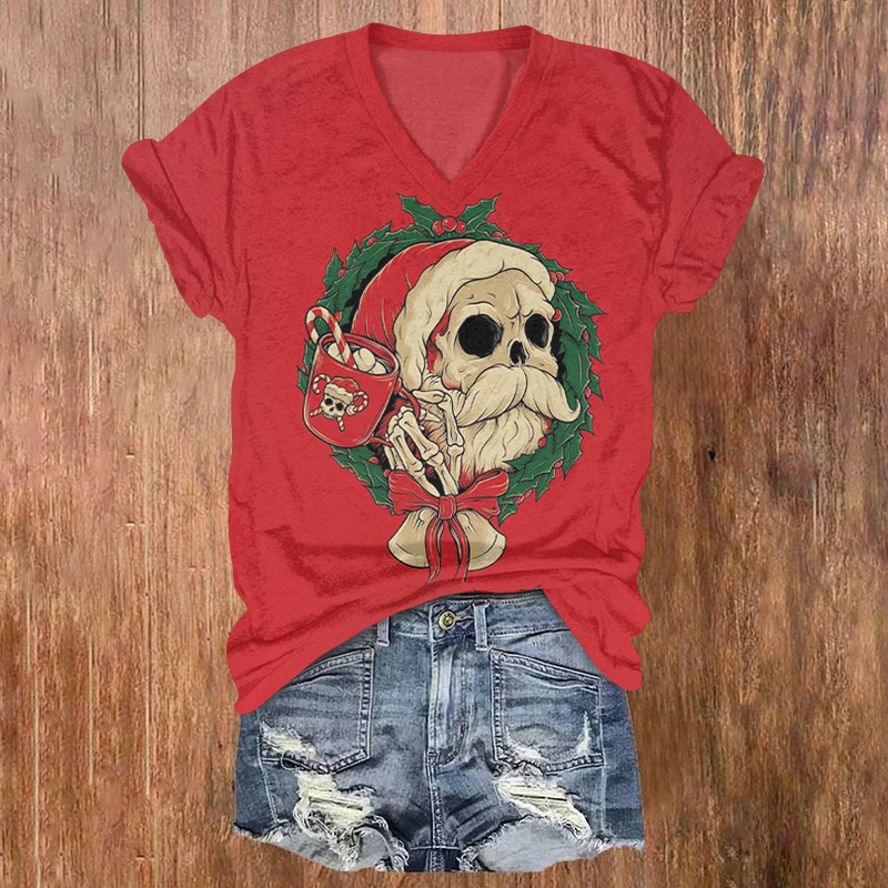 Christmas Skull Santa Claus Drinking Coffee Print V-neck T-shirt - Red - US32-34(5XL) - image 1