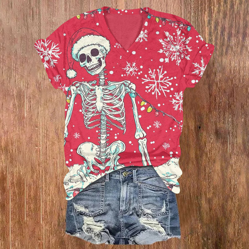 Christmas Snowy Skull Print V-neck T-shirt - Dark Pink - US32-34(5XL) - image 1