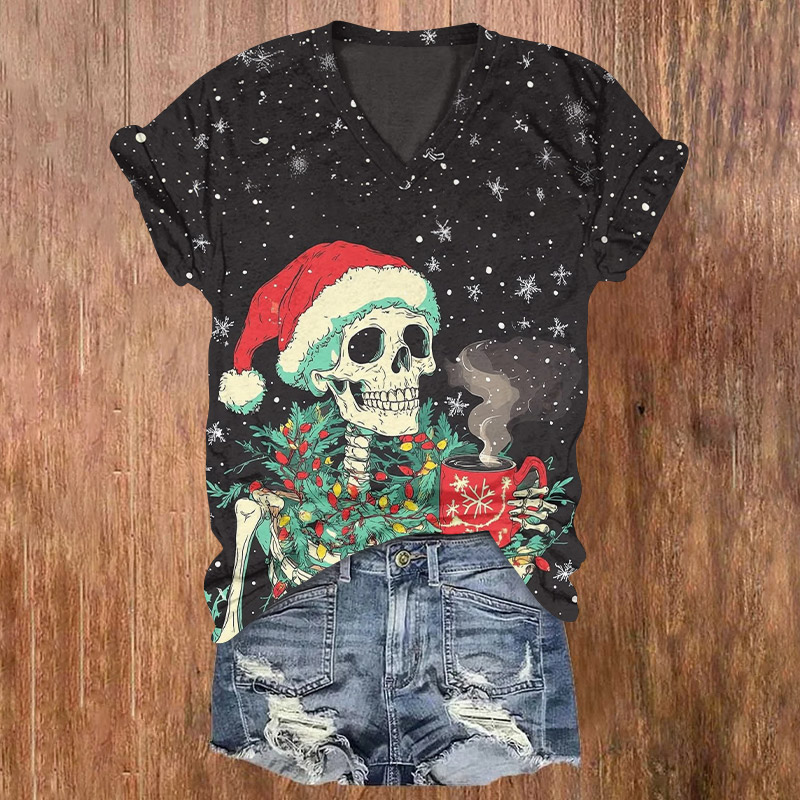 Skeleton Drinking Coffee On A Snowy Christmas Night Print V-neck T-shirt - Black - US32-34(5XL) - image 1