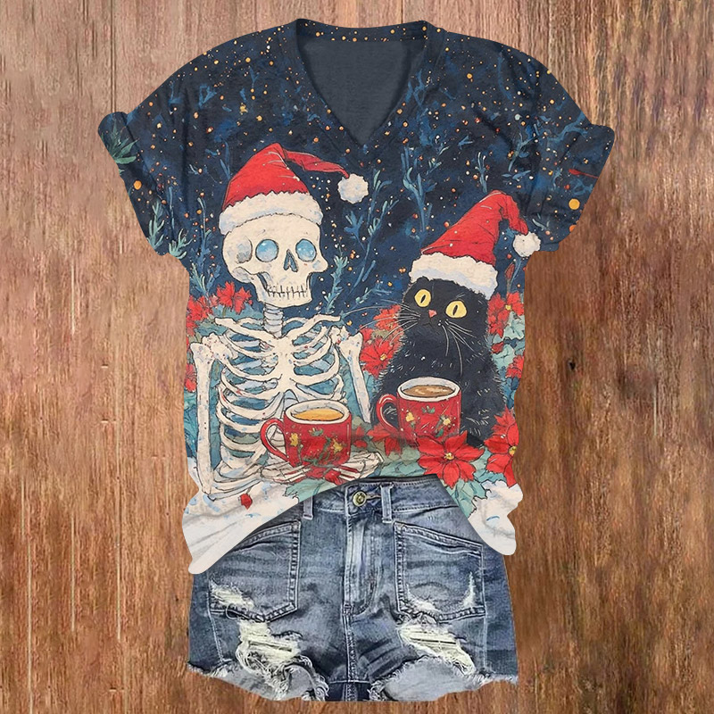 Skeleton And Cat Drinking Coffee On A Snowy Christmas Night Print V-neck T-shirt - Blue - US32-34(5XL) - image 1