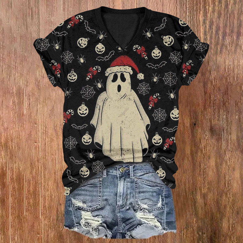 Christmas Cute Santa Hat Ghost Print V-neck T-shirt - Black - US32-34(5XL) - image 1