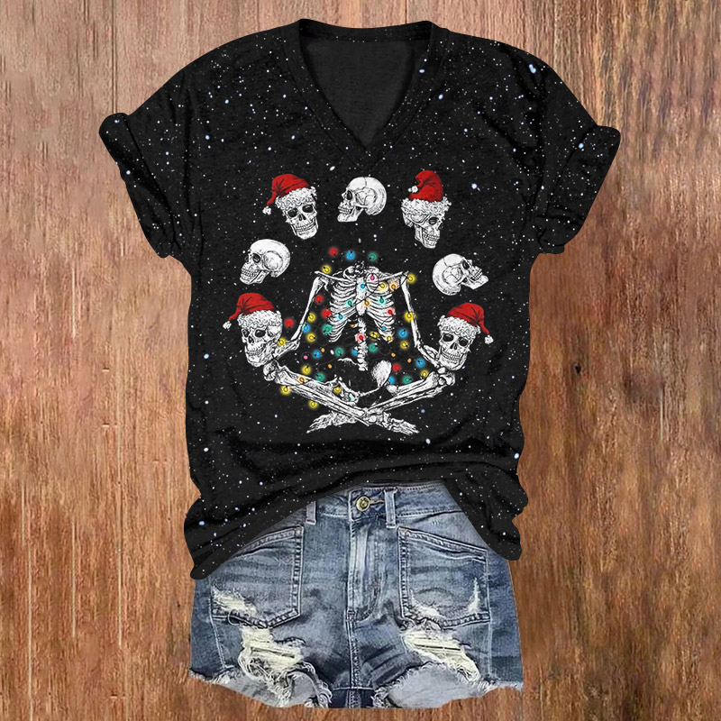 Christmas Funny Santa Hat Skull Print V-neck T-shirt - Black - US32-34(5XL) - image 1