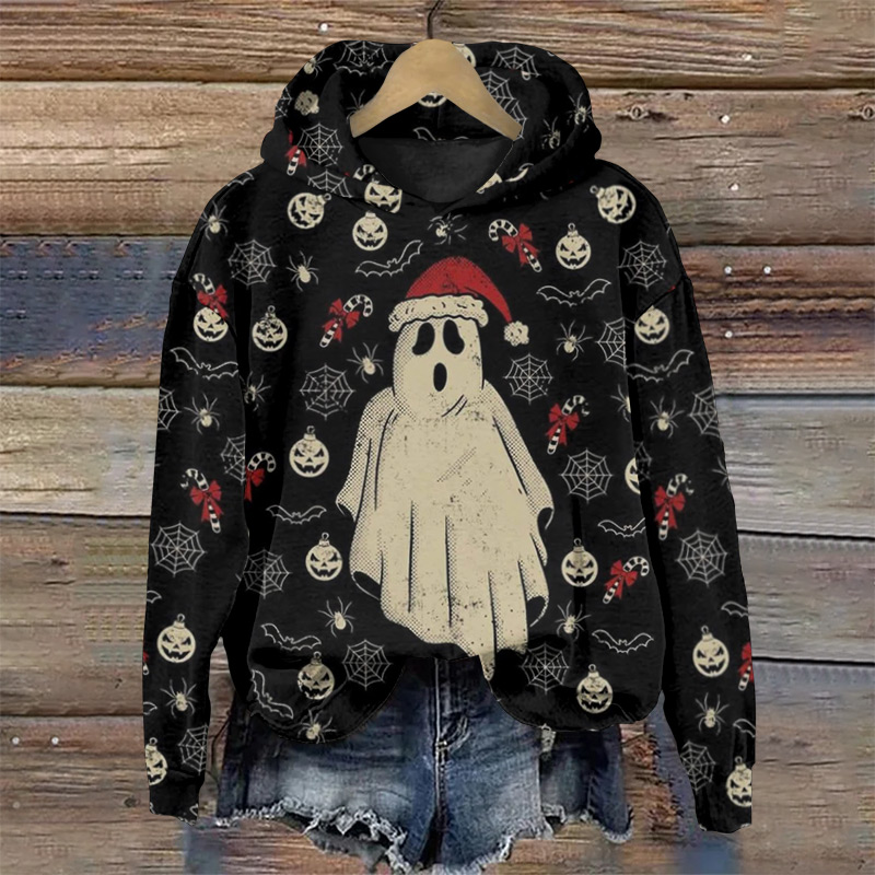 Christmas Cute Santa Hat Ghost Print Long Sleeve Hoodie - Black - US44-46(8XL) - image 1