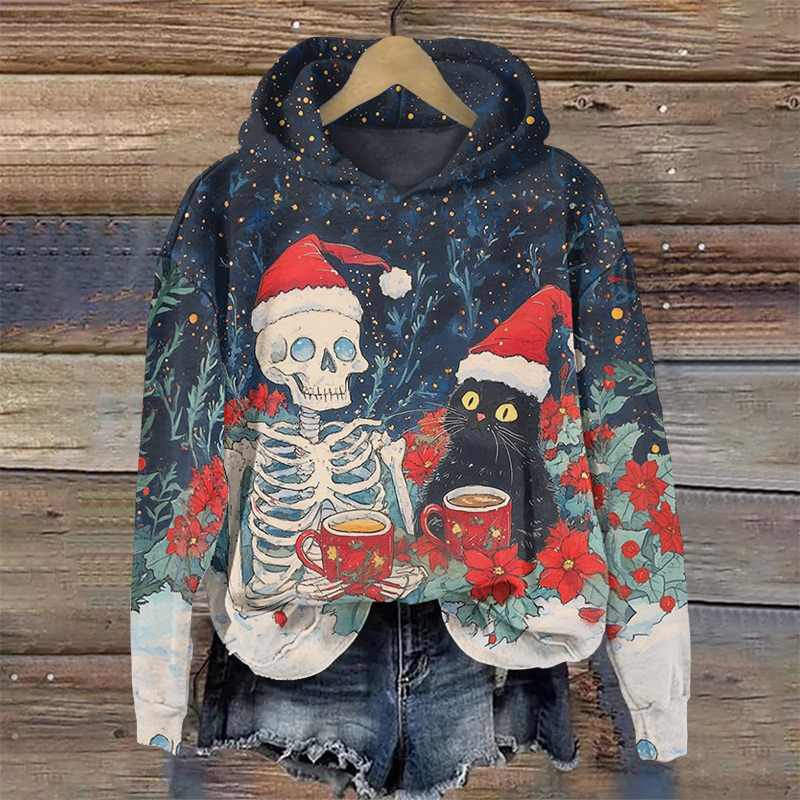 Skeleton And Cat Drinking Coffee On A Snowy Christmas Night Print Long Sleeve Hoodie - Blue - US44-46(8XL) - image 1
