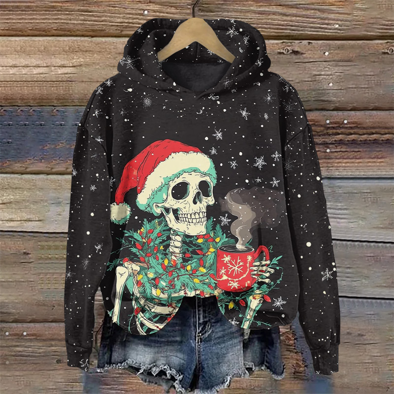 Skeleton Drinking Coffee On A Snowy Christmas Night Print Long Sleeve Hoodie - Black - US44-46(8XL) - image 1