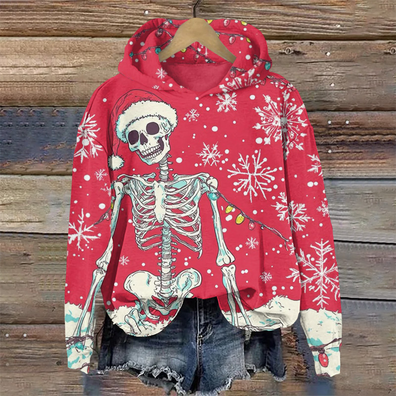 Christmas Snowy Skull Print Long Sleeve Hoodie - Rose - US44-46(8XL) - image 1