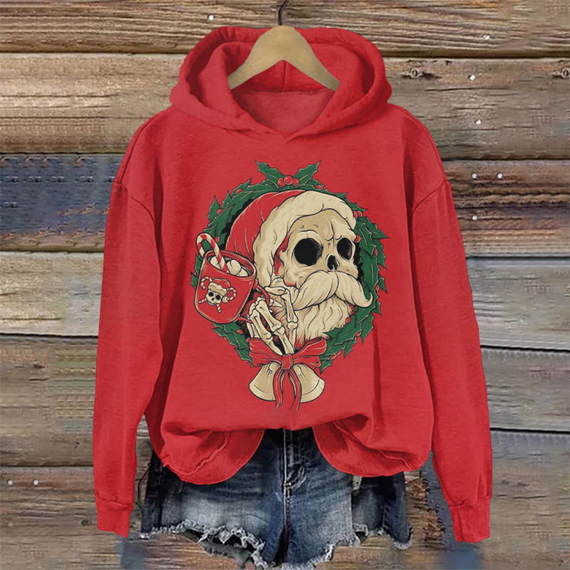 Christmas Skull Santa Claus Drinking Coffee Print Long Sleeve Hoodie - Red - US44-46(8XL) - image 1