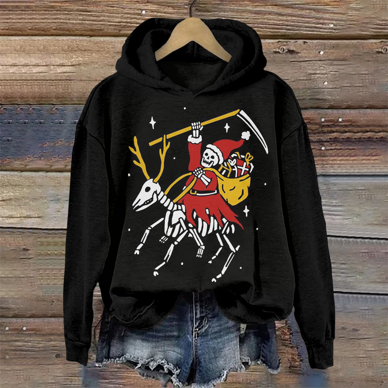 Christmas Skull With Sickle Riding A Skeleton Elk Print Long Sleeve Hoodie - Black - US44-46(8XL) - image 1
