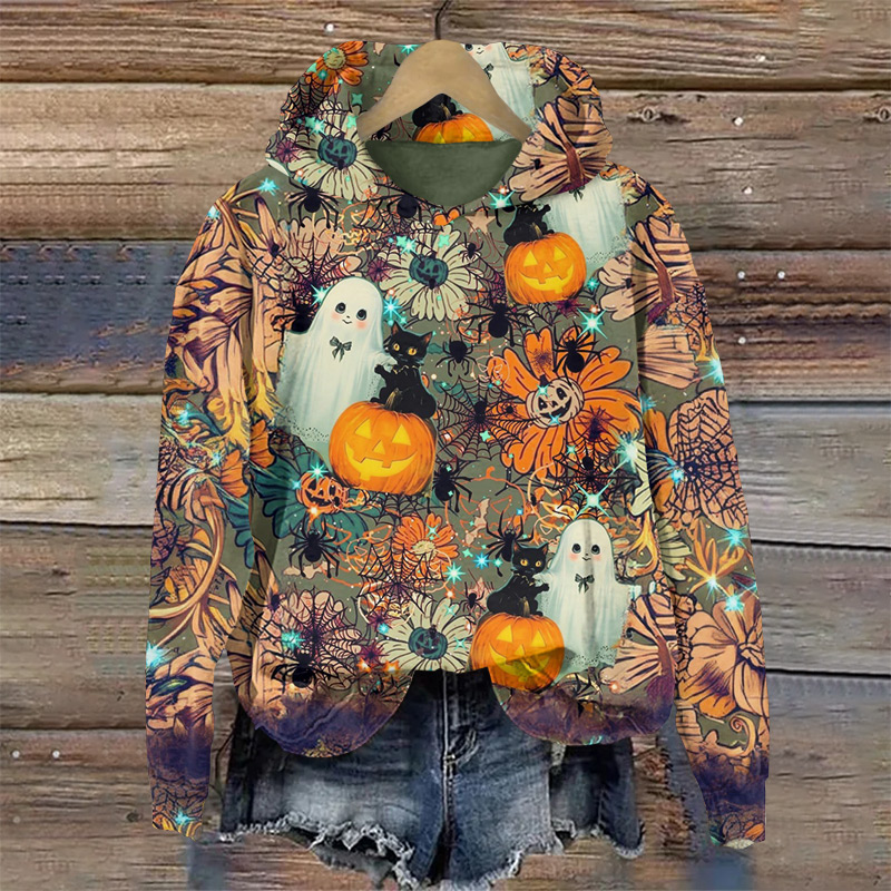 Cute Ghost Among Flowers For Halloween Print Long Sleeve Hoodie - Multicolor - US44-46(8XL) - image 1