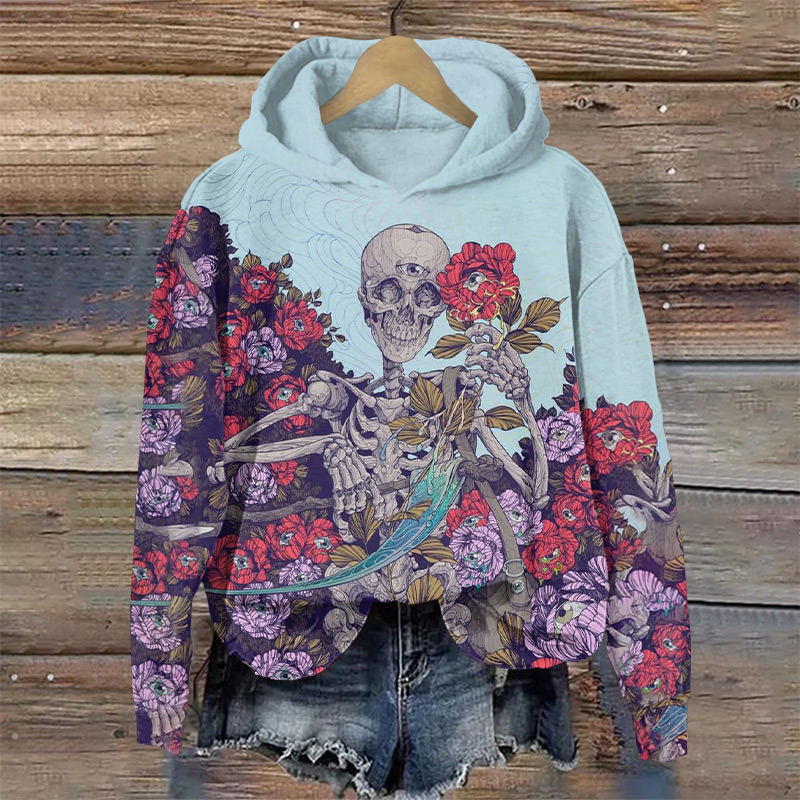 Halloween Skull With Scythe In Flowers Print Long Sleeve Hoodie - Light Blue - US44-46(8XL) - image 1