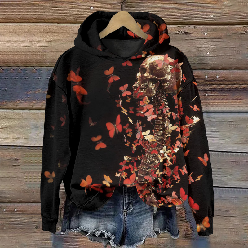 Halloween Butterfly Skull Print Long Sleeve Hoodie - Black - US44-46(8XL) - image 1
