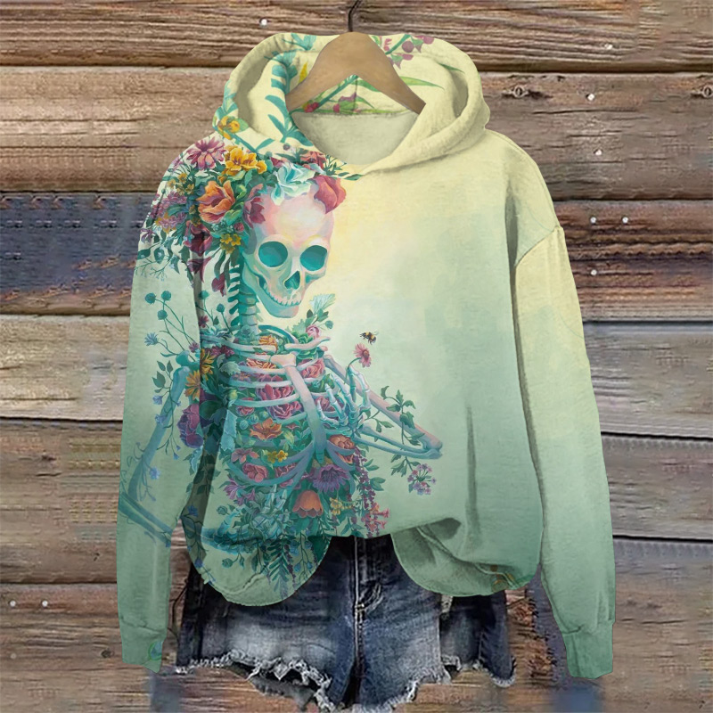 Halloween Ombre Floral Skull Print Long Sleeve Hoodie - Green - US44-46(8XL) - image 1