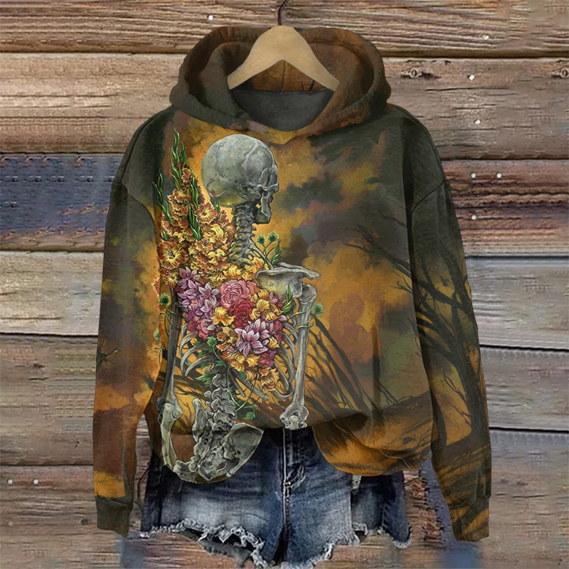 Halloween Floral Skull Looking Into The Distance Print Long Sleeve Hoodie - Yellow - US44-46(8XL) - image 1