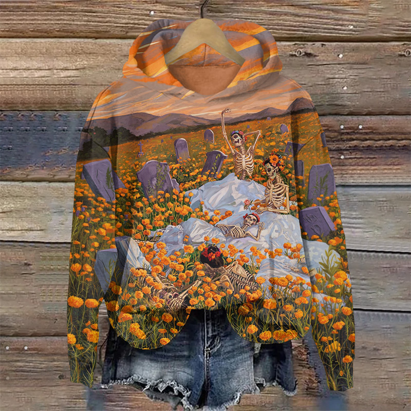 Halloween Skeletons Playing In The Flowers Print Long Sleeve Hoodie - Orange - US44-46(8XL) - image 1