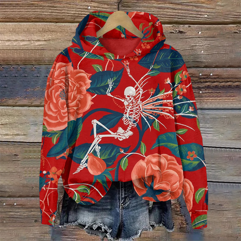 Halloween Skull Among Peonies Print Long Sleeve Hoodie - Red - US44-46(8XL) - image 1