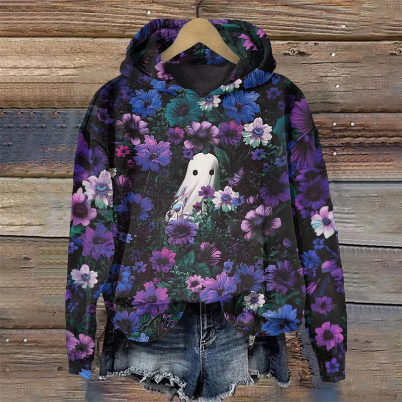 Halloween Ghost In Flowers Print Long Sleeve Hoodie - Purple - US44-46(8XL) - image 1